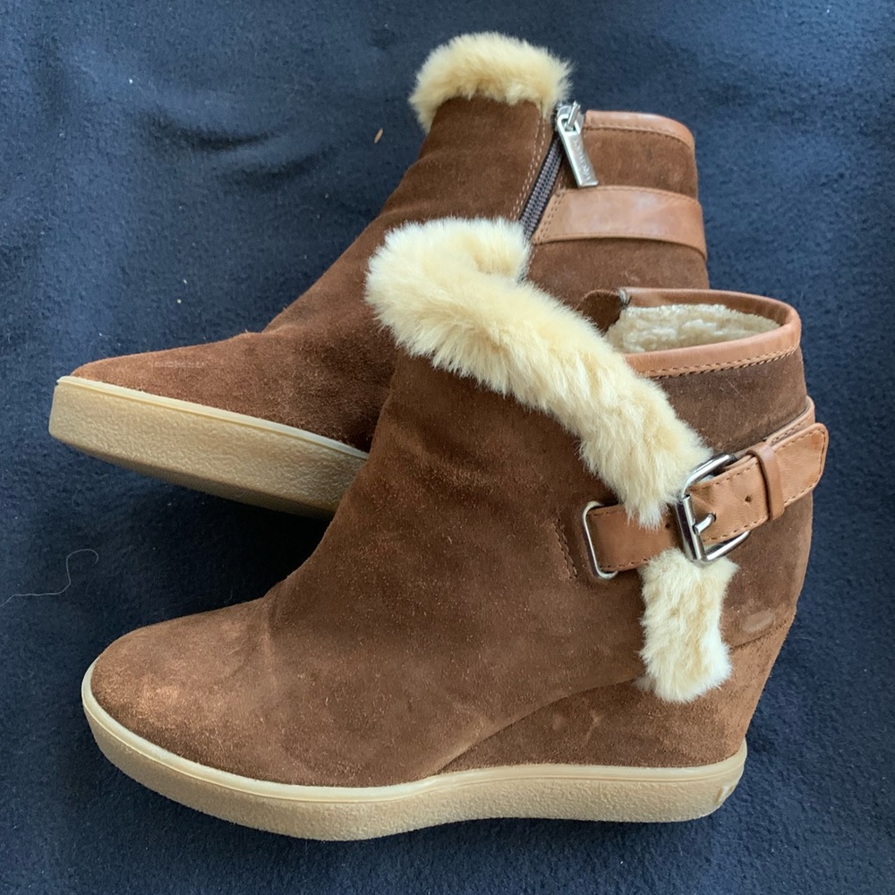 Aquatalia Brown Suede Shearling Trim Wedge Ankle Boots/Booties